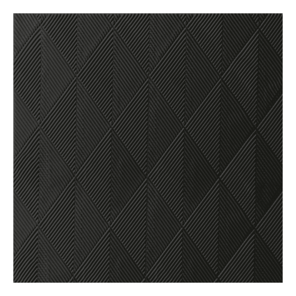 A Duni Elegance® Crystal szalvéta 40 x 40 cm-es méretben, fekete színben, strukturált felülettel rendelkezik, kiemelkedő, rombusz alakú részekkel. Minden rombusz négy kisebb háromszöget tartalmaz egy kifinomult geometriai mintában, egységes sötétszürke vagy fekete színben, a Duni GmbH-tól. A csomag 40 szalvétát tartalmaz.