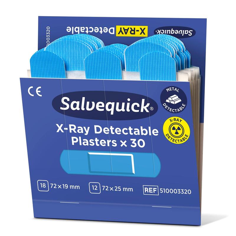 Egy Orkla Wound Care AB Salvequick röntgenfelismerhető doboz, 30 darab/utántöltő sebtapasz (6-os csomag), fém- és röntgenfelismerhető sebtapaszokkal két méretben.