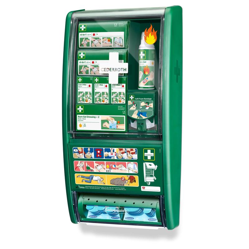 Die Cederroth erste hilfe & verbrennungsstation von Orkla Wound Care AB ist eine grüne, an der Wand montierte Erste-Hilfe-Station mit Fächern für Verbrennungsgel, Verbände, weiche Schaumstoffbinden und einer bebilderten Anleitung auf der Vorderseite.