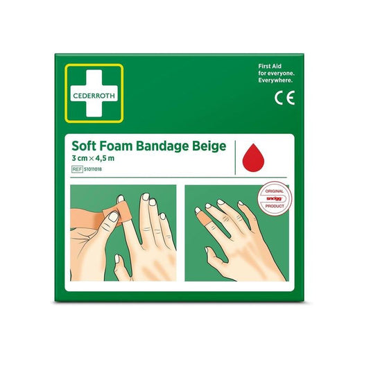 Egy zöld doboz, amelyen az „Orkla Wound Care AB – Cederroth soft foam kötés, bézs, 3x450 cm | csomag (1 darab)” felirat látható, az ujjkötés használati útmutatójával, egy piros csepp szimbólummal és a következő szöveggel: „Elsősegély mindenkinek. Bárhol.”