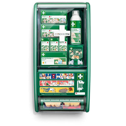 Az Orkla Wound Care AB Cederroth elsősegély-állomása egy zöld, falra szerelhető elsősegély-állomás, amely kötszerekkel, égési gélkötszerekkel, permetező palackkal, sebmosóval, puha habkötszerekkel és illusztrált útmutatóval van felszerelve.
