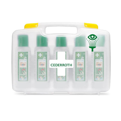 A Cederroth szemöblítő (5x500ml) az Orkla Wound Care AB hordozható tokjában öt palackot kínál átlátszó bőröndben sárga fogantyúval - tökéletesen jelölt és ideális a munkahelyi szemöblítéshez. REF 7255 cserélje ki | Csomag (1 darab).