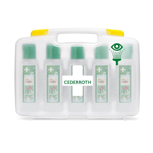 Die Cederroth Augenspülung (5x500ml) im tragbaren Etui von Orkla Wound Care AB bietet fünf Flaschen im transparenten Koffer mit gelbem Griff - perfekt gekennzeichnet und ideal für die Augenspülung am Arbeitsplatz. REF 7255 ersetzen | Packung (1 Stück).