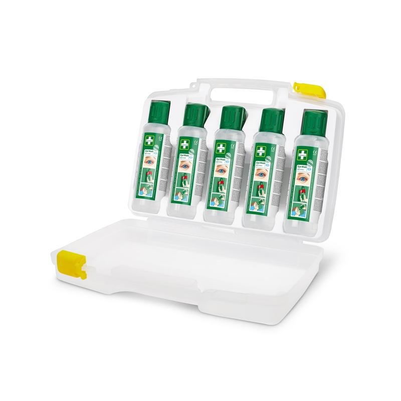 Az Orkla Wound Care AB Cederroth szemöblítő (5x500ml) hordozható tokban (REF 7255 cserélje ki) fehér műanyag bőröndben érkezik, amely öt átlátszó palackot tartalmaz, mindegyik zöld kupakkal és szemápolási címkével - ideális minden munkakörnyezethez.