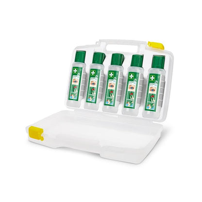 Az Orkla Wound Care AB Cederroth szemöblítő (5x500ml) hordozható tokban (REF 7255 cserélje ki) fehér műanyag bőröndben érkezik, amely öt átlátszó palackot tartalmaz, mindegyik zöld kupakkal és szemápolási címkével - ideális minden munkakörnyezethez.
