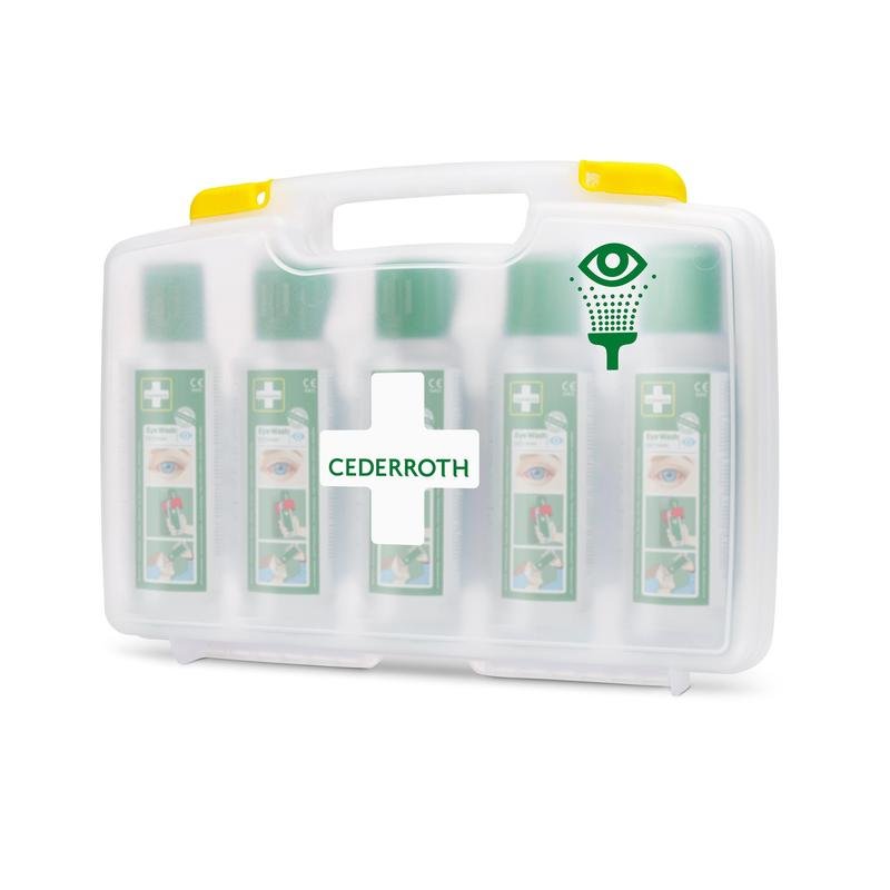 Az Orkla Wound Care AB Cederroth szemöblítő (5x500ml) hordozható tokban, REF 7255, fehér műanyag bőröndből áll fogantyúval, átlátszó előlappal, zöld kereszttel és szemöblítési szimbólummal, amely öt palackot tartalmaz.