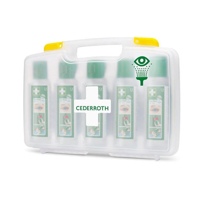 Az Orkla Wound Care AB Cederroth szemöblítő (5x500ml) hordozható tokban, REF 7255, fehér műanyag bőröndből áll fogantyúval, átlátszó előlappal, zöld kereszttel és szemöblítési szimbólummal, amely öt palackot tartalmaz.