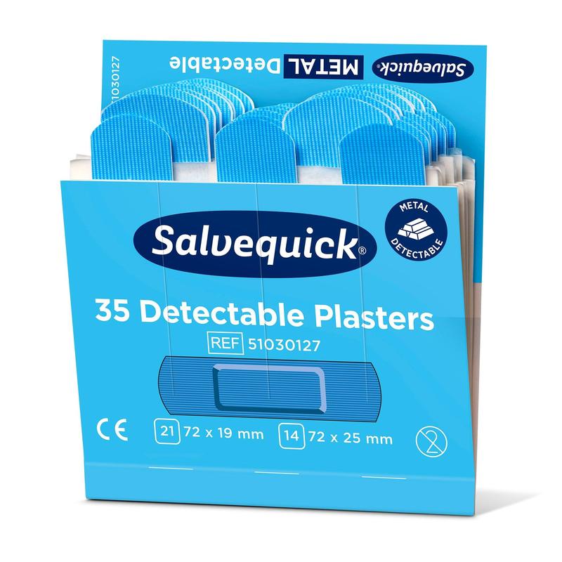 Egy kék doboz "Orkla Wound Care AB Kék detektálható sebtapasz, 35 darab/bánya | Csomag (6 darab)" felirattal detektálható sebtapaszokat (72x19 mm, 72x25 mm) tartalmaz, amelyek ideálisak az élelmiszeripar számára, és higiéniai okokból külön csomagolva vannak.