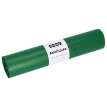 Eine Rolle DEISS 52001 Müllsäcke (700x1100 mm, Typ 20, grün, 50 Stück) der EMIL DEISS KG (GmbH + Co.) liegt auf einem unifarbenen weißen Untergrund mit einem weißen Etikett, das die Marke und die Produktangaben zeigt.