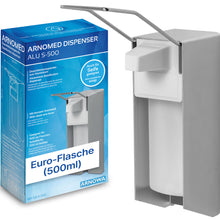 Der ARNOMED DISPENSER Manueller Seifen- und Desinfektionsmittelspender aus Aluminium der ARNOWA GmbH verfügt über einen langen Hebel und ist neben seiner blau-weißen Verpackung mit der Aufschrift "Euro-Flasche (500ml)" abgebildet. Ideal für hygienische Seifen- oder Desinfektionsmittelspender.