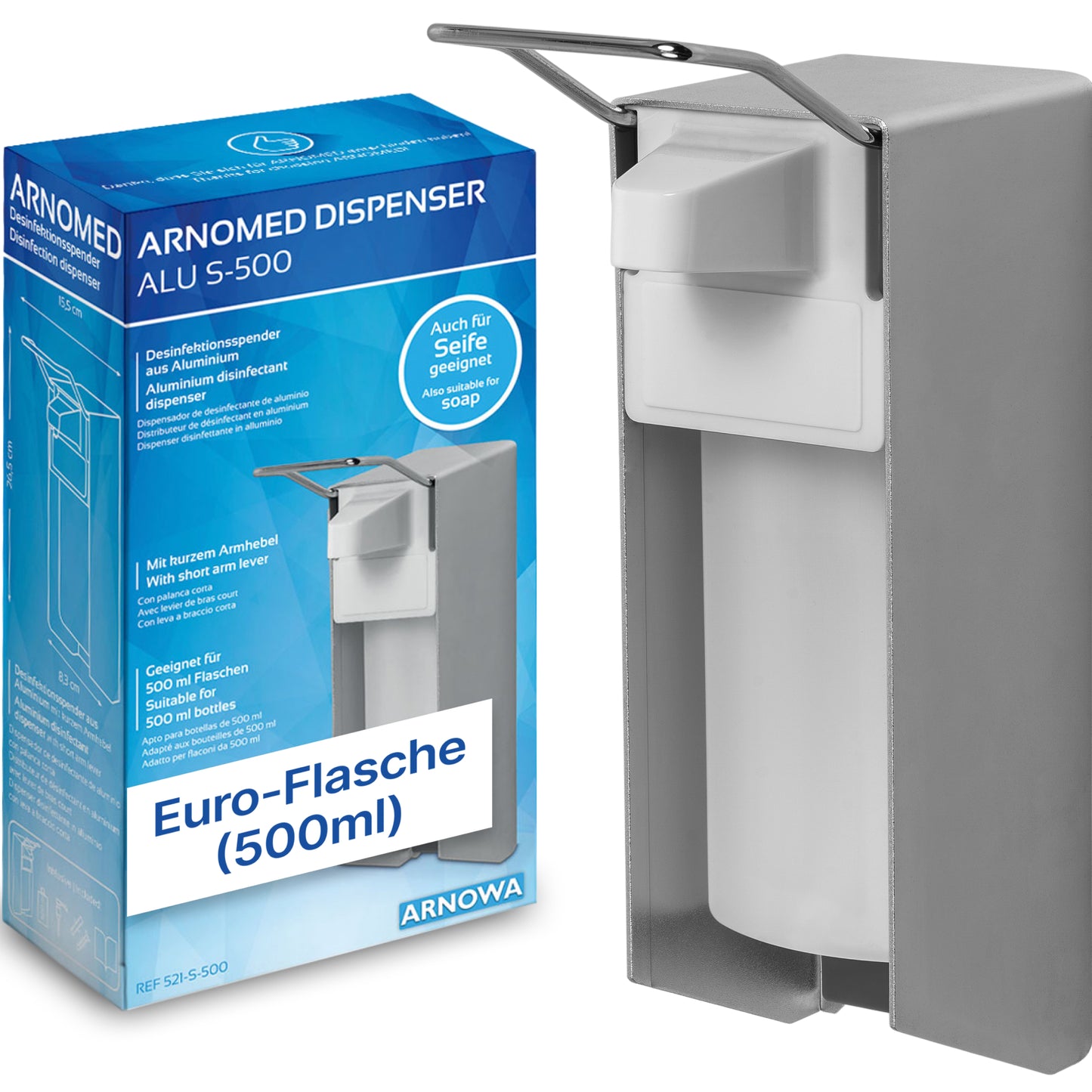 Ein grauer ARNOMED DISPENSER Manueller Seifen- und Desinfektionsmittelspender aus Aluminium von ARNOWA GmbH ist neben seinem blau-weißen Verkaufskarton an der Wand montiert, geeignet für 500ml Euroflaschen.