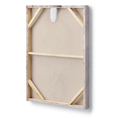 A képen egy téglalap alakú feszített vászon hátoldala látható fakerettel és megerősített sarkokkal, amelyen felül egy fehér Command™ vászonakasztó a 3M Deutschland GmbH-tól van rögzítve.