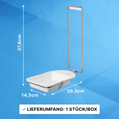 Téglalap alakú fehér ARNOMED DISPENSER CSEPEGTETŐTÁLCA az ARNOWA GmbH-tól, 37,6 cm magas, 14,5 cm széles, 28,5 cm hosszú, fémkeretre rögzítve; Szöveg alul: "Szállítási tartalom: 1 darab/doboz." Kék geometriai háttér.