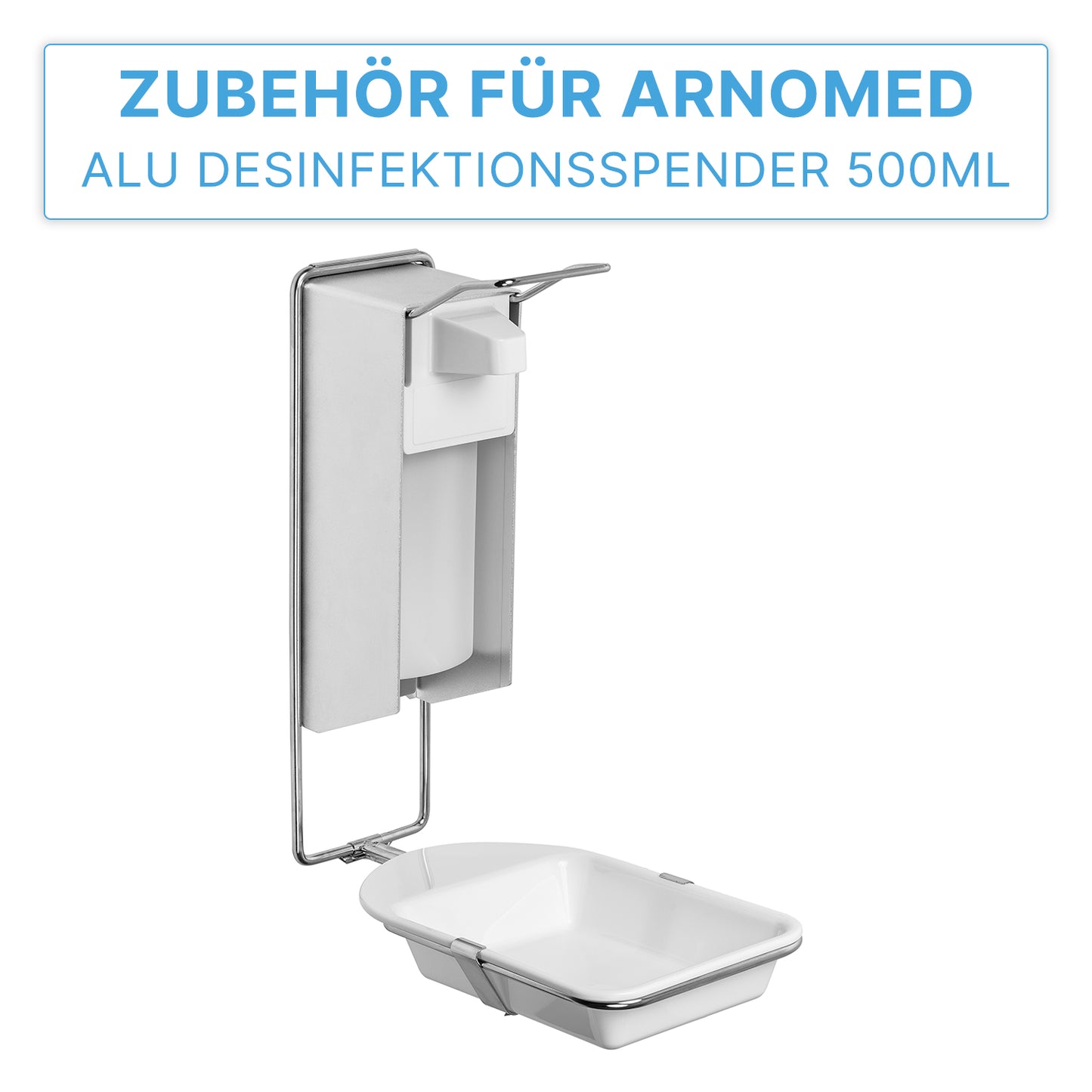 Az ARNOMED DISPENSER CSEPEGTETŐTÁLCA az ARNOWA GmbH-tól egy csepegtetőtálca/kiegészítő az ARNOMED szappan- és fertőtlenítőszer-adagolóhoz, amely a falra szerelt készülék alatt cseppeket gyűjt. Német szöveg: "Kiegészítő az ARNOMED alumínium fertőtlenítőszer-adagolóhoz 500ml.