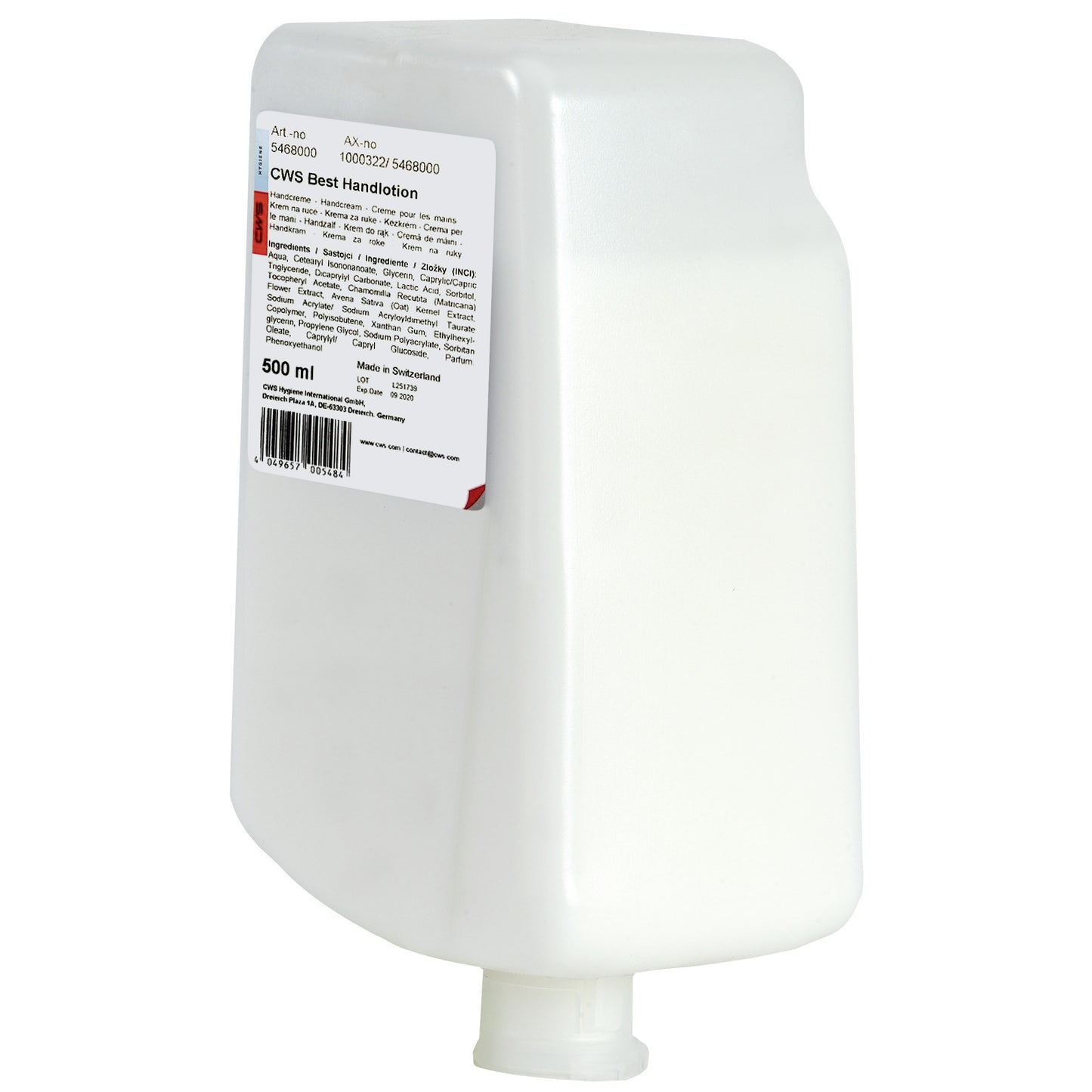 Fehér, téglalap alakú 500 ml-es CWS kézápoló flakon termékinformációval, vonalkóddal és egy kis alsó fúvókával a napi és kiváló minőségű kézápoláshoz. A felirattal: "CWS kézápoló, Legjobb kézápoló 500 ml | Flakon (500 ml)".