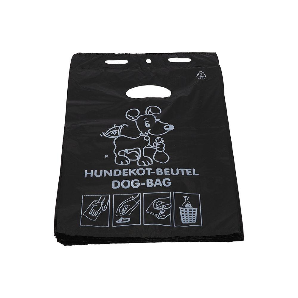 Der DEISS 55810 Hundekotbeutel der EMIL DEISS KG ist ein schwarzer, umweltfreundlicher Hundekotbeutel (250x310+30x0,015 mm) mit Cartoon-Hundemotiv, "HUNDEKOT-BEUTEL DOG-BAG"-Schriftzug, weißer Anleitung und praktischen Griffausschnitten; erhältlich in Kartons zu 2000 Stück.