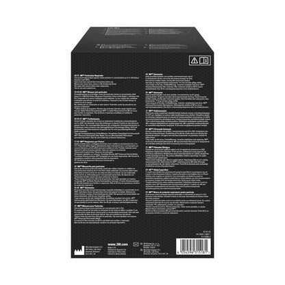 A fekete 3M™ 8710E részecskemaszk, FFP1 doboz hátoldalán, a 3M Deutschland GmbH-tól, több nyelven találhatók utasítások és termékinformációk, fehér szöveg oszlopokban, kis szimbólumok és egy vonalkód a jobb alsó sarokban.