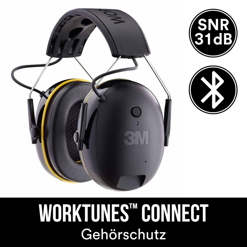 Közelkép a kifutó termékről: 3M™ WorkTunes™ Connect fültokos hallásvédő 90543E fekete színben, SNR-érték 31 dB, Bluetooth®, a 3M Deutschland GmbH-tól. Szöveg: "WORKTUNES CONNECT Hallásvédő" fekete háttéren.