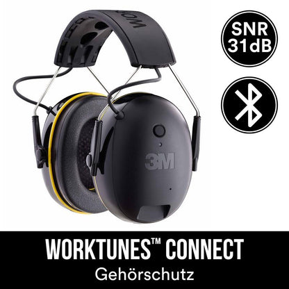 Közelkép a kifutó termékről: 3M™ WorkTunes™ Connect fültokos hallásvédő 90543E fekete színben, SNR-érték 31 dB, Bluetooth®, a 3M Deutschland GmbH-tól. Szöveg: "WORKTUNES CONNECT Hallásvédő" fekete háttéren.