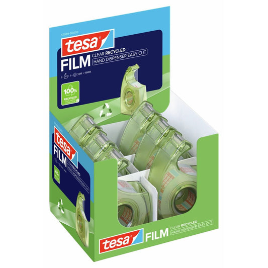 tesa HAND DISPENSER EASY CUT RECYCLED kézi tekercselő, zöld, tesafilm Clear Recycled 33 m x 19 mm-es szalaggal, EAN-címkével