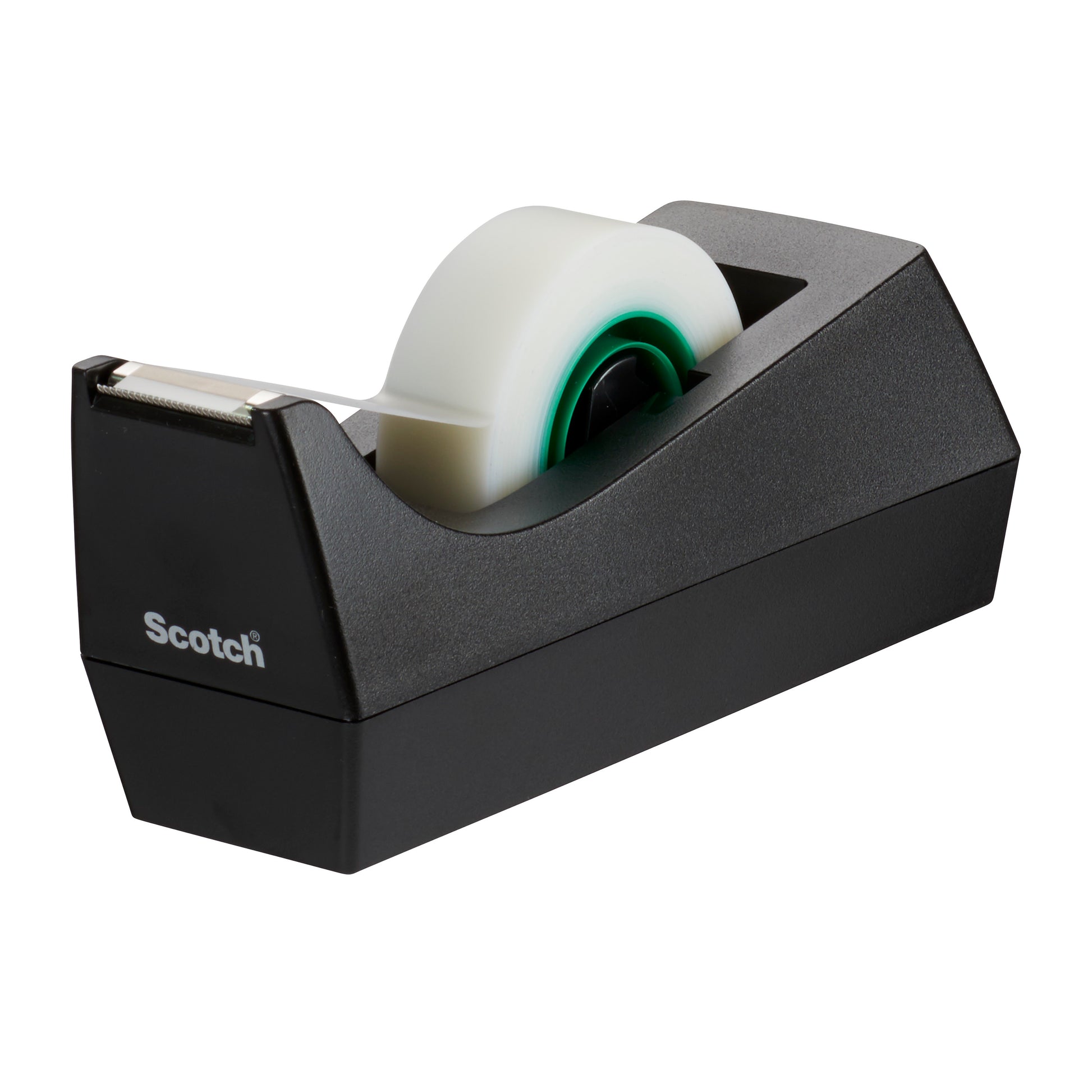 Der schwarze Tischabroller 3M Deutschland GmbH Scotch® C38 fasst eine Rolle Scotch® Magic™ Klebeband (19 mm x 33 m), das zu 66 % aus pflanzlichem Klebstoff besteht. Enthält 3 Rollen pro Packung. Abgebildet auf einem weißen Hintergrund.