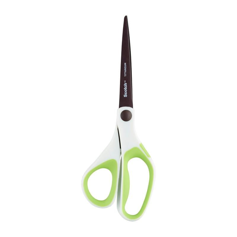 A 3M Deutschland GmbH Scotch™ titánium ollója (20 cm) fehér és világoszöld fogantyúkkal rendelkezik, fém pengéjével egyszerű fehér háttéren van ábrázolva.