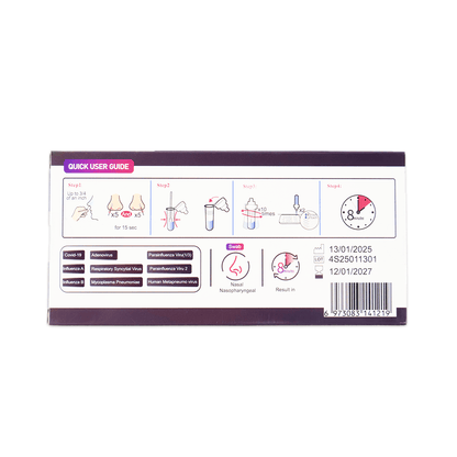 A téglalap alakú Altruan Combo 9in1 doboz egy illusztrált útmutatót mutat a DVOT Professional teszthez, amely felsorolja a kimutatható vírusokat (SARS-CoV-2, Influenza A+B, RSV, Adenovírus, hMPV, PIV 1/3 & 2, Mycoplasma), az eredményidőt, a lejárati dátumot, a tételszámot és a vonalkódot.
