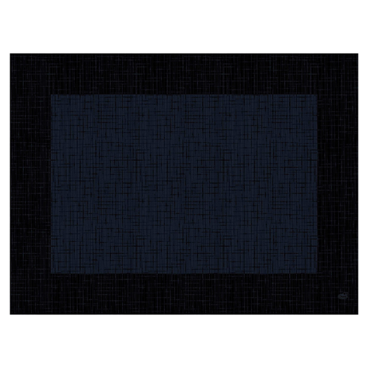 Egy absztrakt kép, amely egy nagy, sötétkék téglalapot mutat, strukturált rácsmintával, amely a Duni GmbH által készített, igényes Duni Dunicel® 30 x 40 cm-es „Linnea Black“ asztalterítőjére emlékeztet, egy fekete háttér előtt, amely tükrözi a rácsstruktúrát.