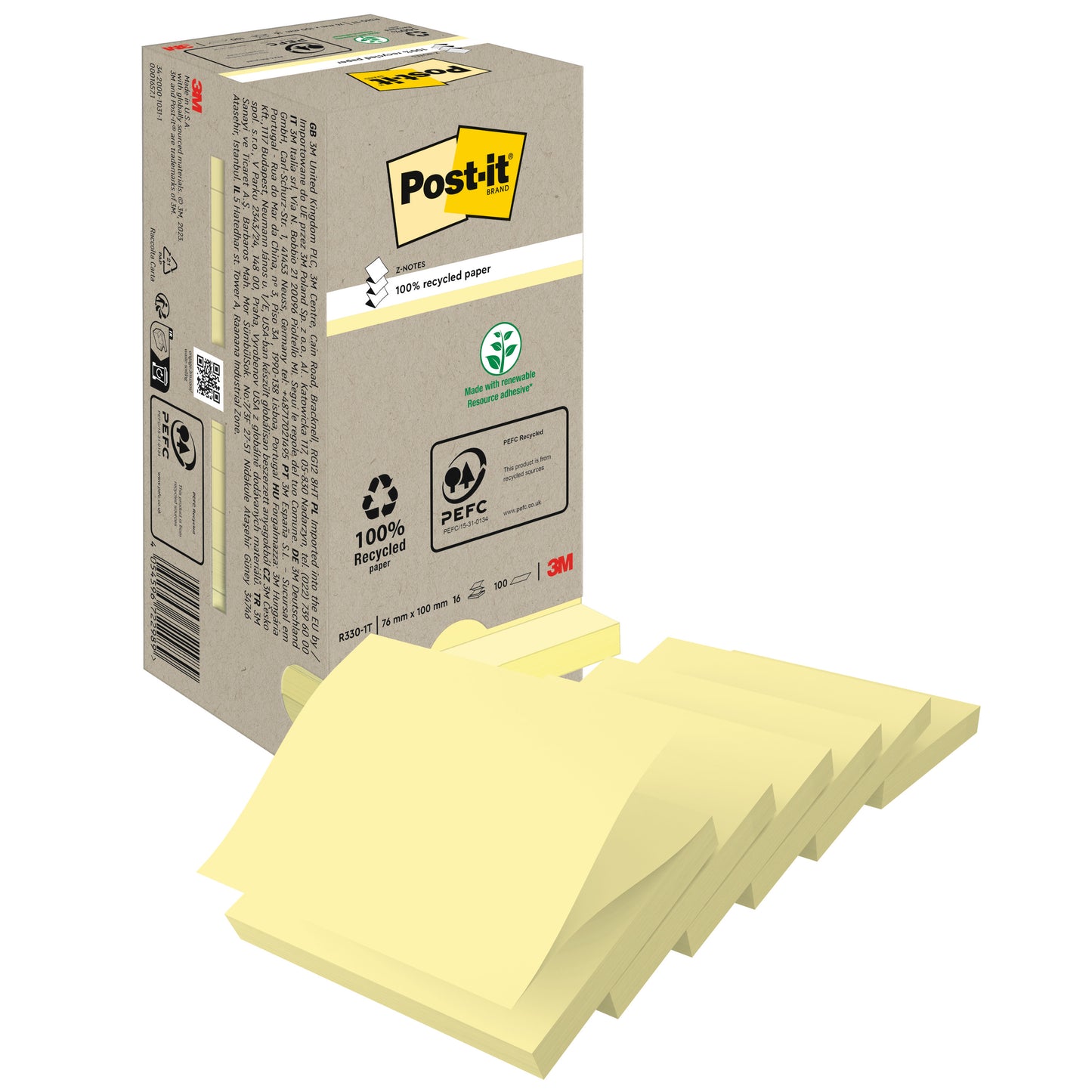 A képen a 3M Deutschland GmbH Post-it® Recycling Z-Notes (76 mm x 76 mm, 100% PEFC, 100 lap/blokk) bézs színű doboza látható, az elején több sárga blokkal és újrahasznosítási tanúsítványszimbólumokkal a dobozon.