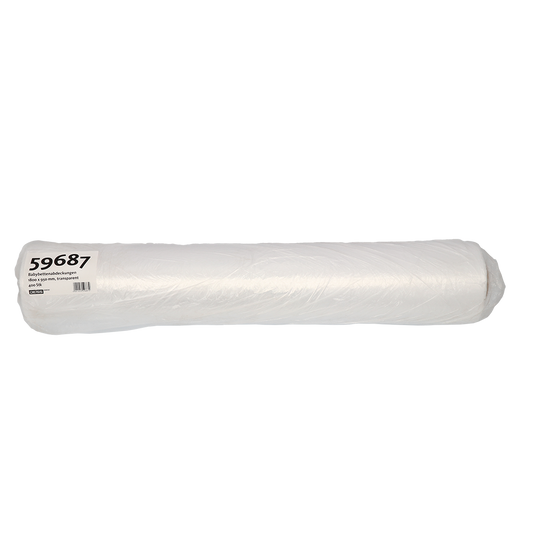 Eine große Rolle EMIL DEISS KG (GmbH + Co.) DEISS 59687 Babybettenabdeckungen, 1800x950 mm, transparent und beschriftet, steht auf einem schlichten weißen Untergrund; Packung enthält 400 Stück.