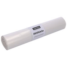 Abgebildet ist eine transparente Müllbeutelrolle DEISS 59701 (575x1000x0,018 mm, 50 Stück) der EMIL DEISS KG (GmbH + Co.) vor einem schlichten hellen Hintergrund.