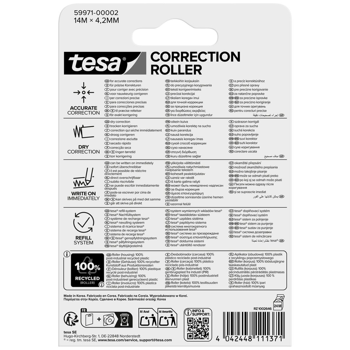 tesa CORRECTION ROLLER, fehér, buborékcsomagolásban, 14 m x 4,2 mm