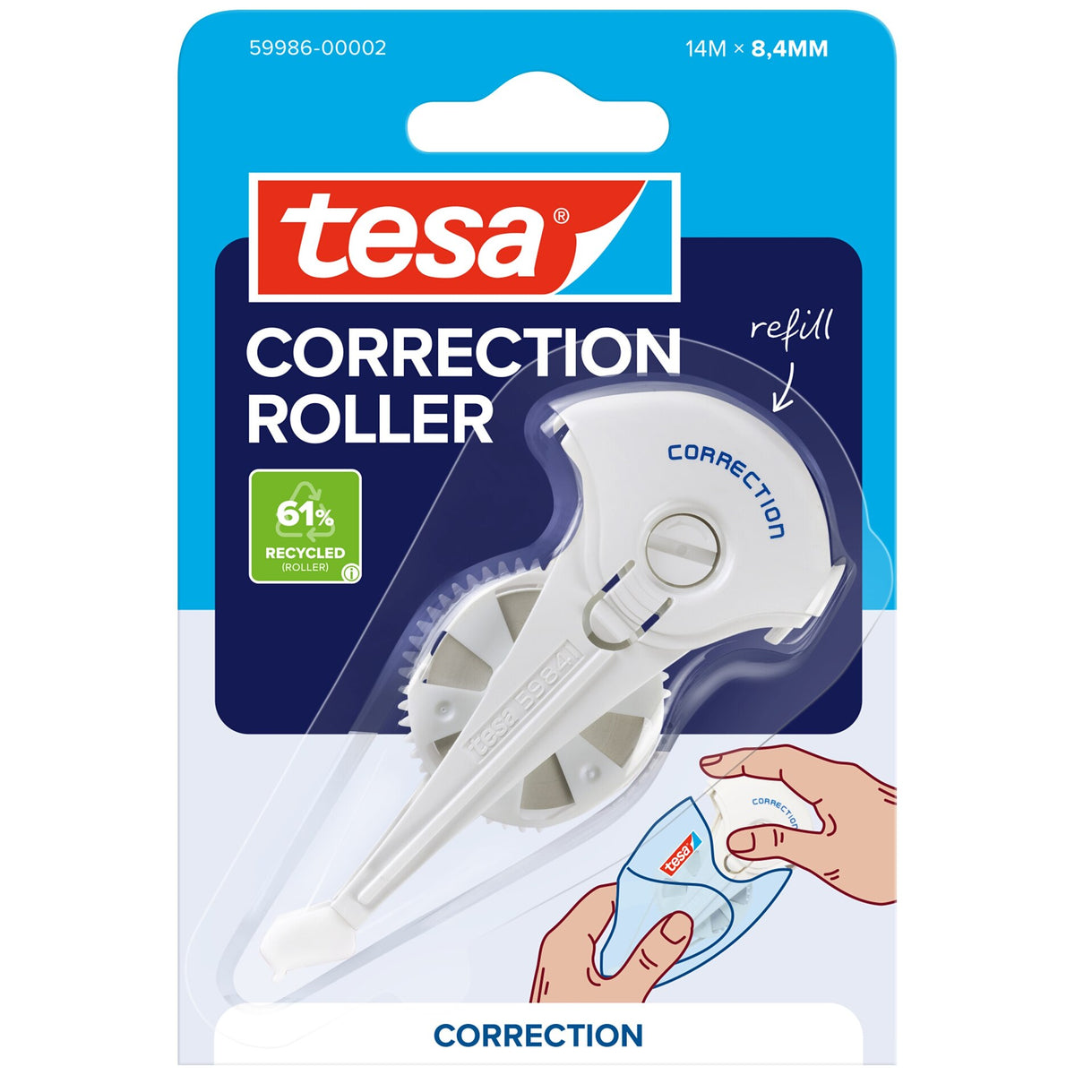 tesa CORRECTION ROLLER, fehér, buborékcsomagolásban, utántöltő tekercs, 14 m x 8,4 mm