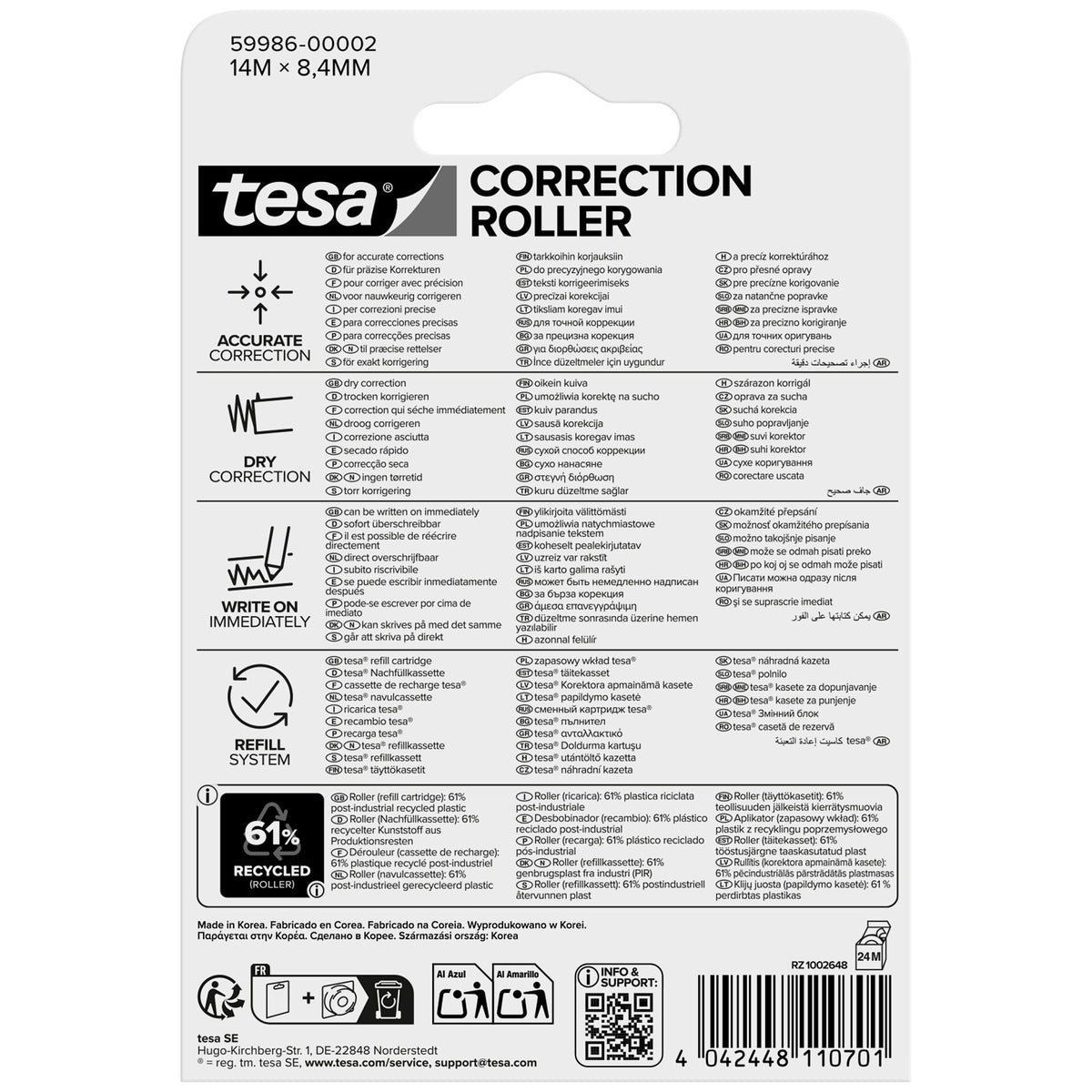 tesa CORRECTION ROLLER, fehér, buborékcsomagolásban, utántöltő tekercs, 14 m x 8,4 mm