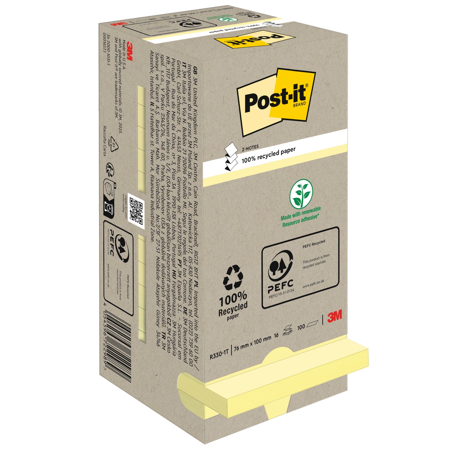 A képen a 3M Deutschland GmbH Post-it® Recycling Z-Notes (76x76mm, 100 lap, 100% PEFC) doboza látható környezetbarát szimbólumokkal a csomagoláson és két sárga blokkal, amelyek részben láthatók az alján.