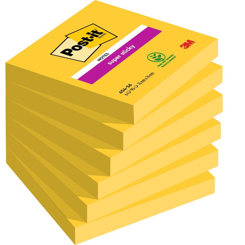 Egy csomag hat téglalap alakú sárga Post-it® jegyzetlapokkal, 76 x 76 mm, 90 lap/blokk, a 3M Deutschland GmbH-tól. A felső blokk egy magentaszínű "Super Sticky" címkével van ellátva. 100%-ban PEFC tanúsítvánnyal rendelkező papírból készült (SGSCH-PEFC-COC-110078).