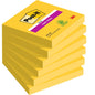 Egy csomag hat téglalap alakú sárga Post-it® jegyzetlapokkal, 76 x 76 mm, 90 lap/blokk, a 3M Deutschland GmbH-tól. A felső blokk egy magentaszínű "Super Sticky" címkével van ellátva. 100%-ban PEFC tanúsítvánnyal rendelkező papírból készült (SGSCH-PEFC-COC-110078).