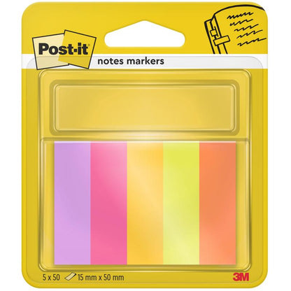A 3M Deutschland GmbH Post-it® Page Marker öt blokkot tartalmaz (lila, rózsaszín, narancs, sárga, zöld), mindegyik 15 mm x 50 mm-es, 50 lappal blokkónként, és 100% PEFC-tanúsítvánnyal rendelkező anyagból készült.