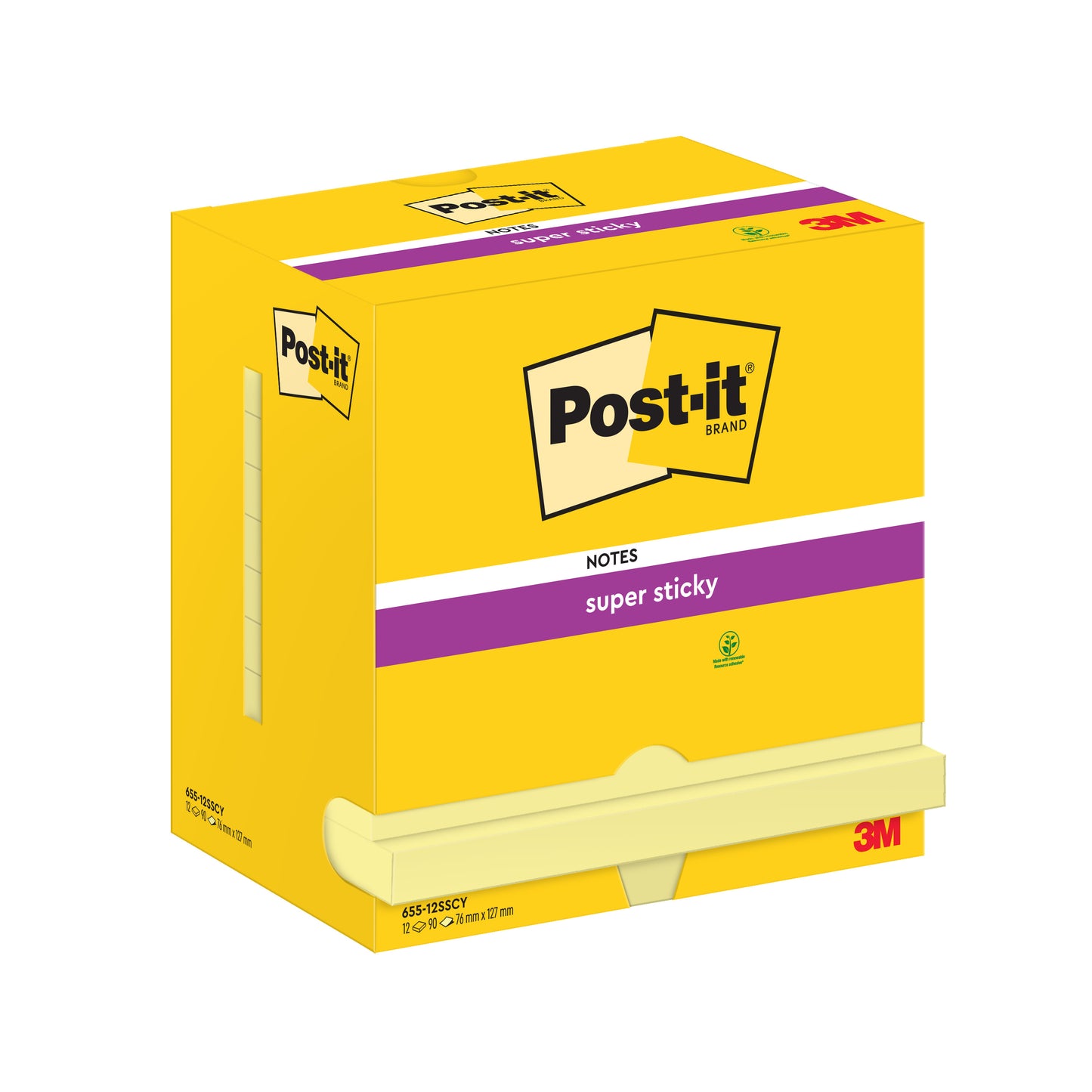 Egy sárga doboz Post-it® Super Sticky Notes (3M Deutschland GmbH), 76 x 127 mm, 90 lap blokk, 12 blokk csomag, 100% PEFC tanúsítvánnyal rendelkező papírból készült, erős tapadással és újrahasznosítható kartoncsomagolásban.