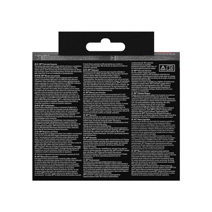 Az ábra a 3M™ Aura™ Comfort Cool Flow™ részecskemaszk 9332+ (FFP3, szeleppel) hátoldalát mutatja a 3M Deutschland GmbH-tól. A fekete csomagolás három oszlopban többnyelvű fehér szöveget tartalmaz, és egy akasztófül van a tetején.