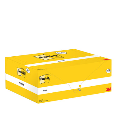 Egy sárga, téglalap alakú doboz a 3M Deutschland GmbH Post-it® Notes-ból, 76x127mm, 100 lap blokkonként, 16 blokk plusz 4 ingyen csomagonként, PEFC-tanúsítvánnyal. A feliratos, zárt doboz fehér háttér előtt van ábrázolva.
