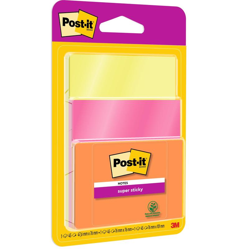 Egy csomag 3M Post-it® Super Sticky Notes (76x76 mm, 45 lap, 3 tömb/csomag) különböző színekben, 100% PEFC-tanúsítvánnyal (SGSCH-PEFC-COC-110078), átlátszó csomagolásban a 3M Deutschland GmbH logójával.