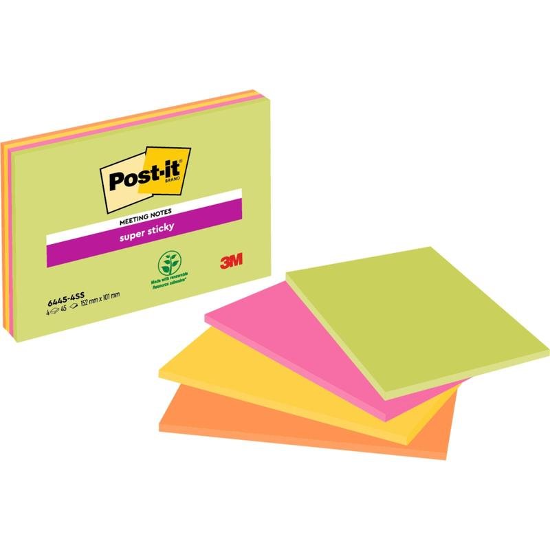 Egy csomag nagyméretű Post-it® Super Sticky Notes a 3M Deutschland GmbH-tól, 4 négyzet alakú tömb különböző színekben, egyenként 45 lappal és 100% PEFC-tanúsítvánnyal.