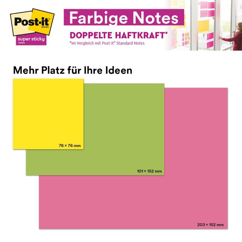 Három nagyméretű Post-it® Super Sticky Notes összehasonlítása a 3M Deutschland GmbH-tól különböző színekben (sárga: 76x76 mm, zöld: 101x152 mm, rózsaszín: 203x152 mm), német szöveggel és egy személy alkalmazását bemutató fotóval.