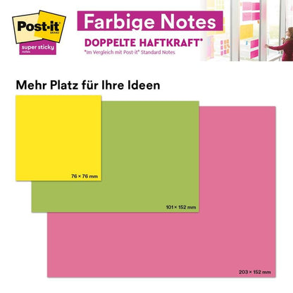 Három nagyméretű Post-it® Super Sticky Notes összehasonlítása a 3M Deutschland GmbH-tól különböző színekben (sárga: 76x76 mm, zöld: 101x152 mm, rózsaszín: 203x152 mm), német szöveggel és egy személy alkalmazását bemutató fotóval.