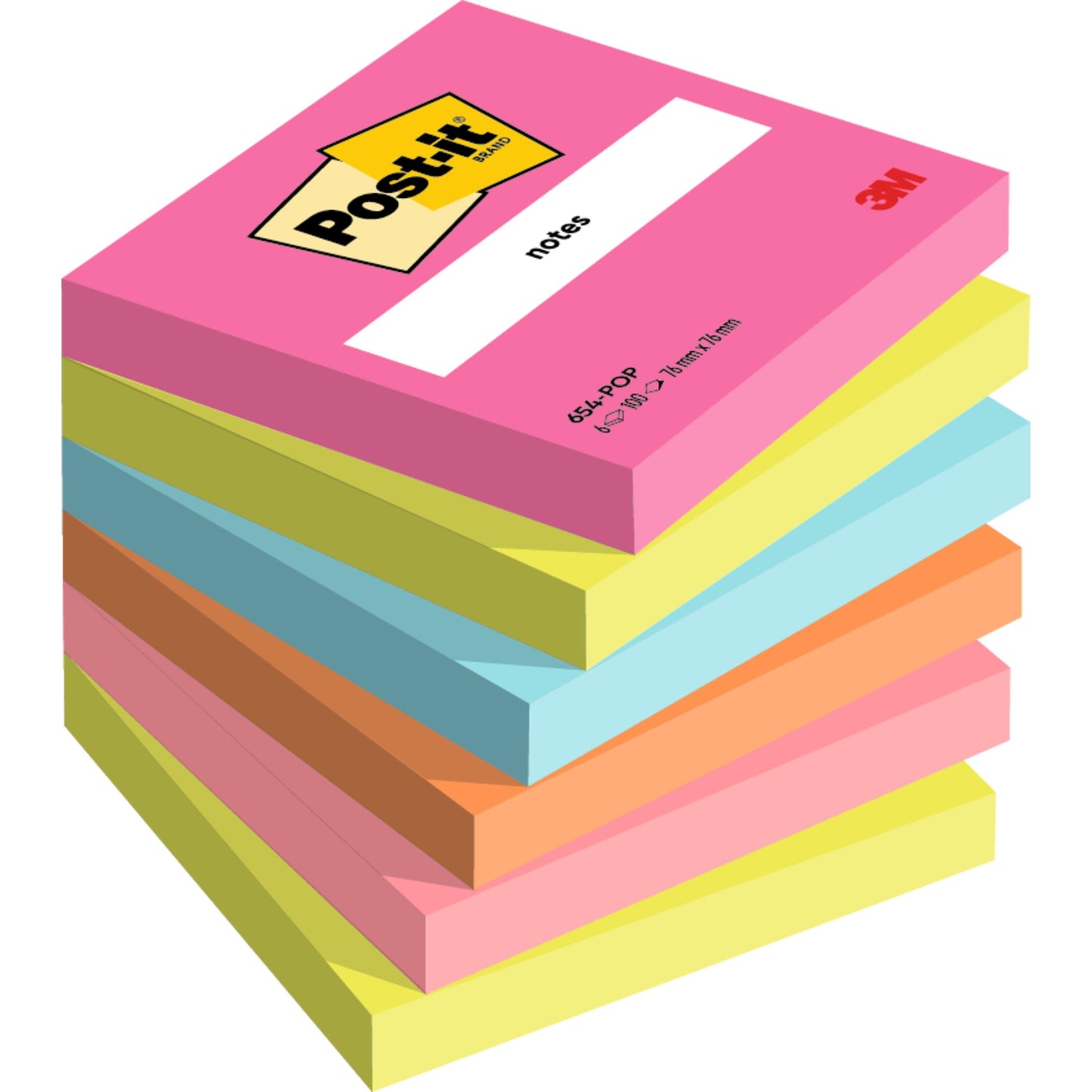 Egy halom hét 3M Post-it® Notes blokk (76 mm x 76 mm, egyenként 100 lap, 100% PEFC) különböző színekben a 3M Deutschland GmbH-tól.
