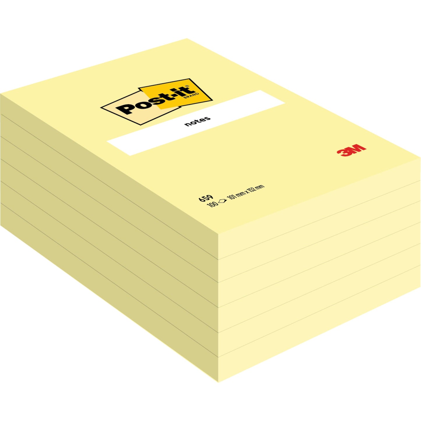 Egy halom új, nagy, sárga Post-it® Notes (101 mm x 152 mm) a 3M Deutschland GmbH-tól, rendezett blokkokkal és egy "notes" címkével a tetején.
