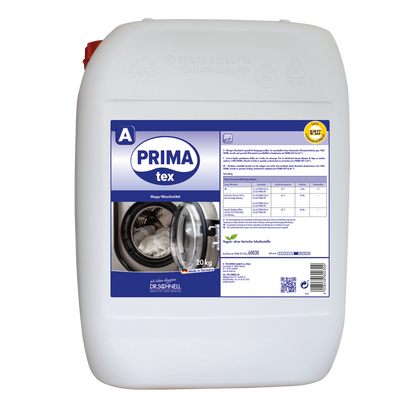Ein großer weißer 20 kg Kunststoffbehälter mit der Aufschrift "Dr. Schnell PRIMA TEX" der DR.SCHNELL GmbH & Co. KGaA ist mit einem blauen Etikett mit Waschmaschinenbild, Dosierungstabelle und gelber Zertifizierungsmarke versehen - ideal für die professionelle Reinigung.