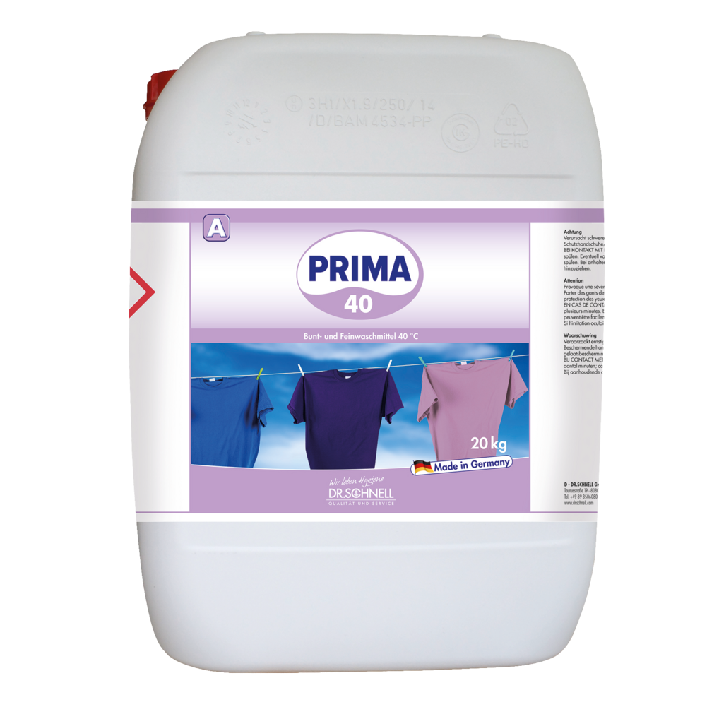 Ein weißer 20-kg-Behälter mit Dr. Schnell PRIMA 40 der DR.SCHNELL GmbH & Co. KGaA ist mit einem lilafarbenen "Made in Germany"-Etikett und Bildern von bunten Hemden versehen, die auf seine Verwendung als Reinigungsmittel für industrielle Anwendungen hinweisen.