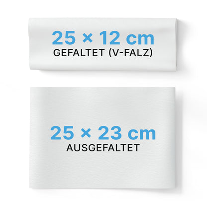 Két ARNOMED PAPÍRTÖRÖLKÖZŐ (ARNOWA GmbH) látható: az egyik V-hajtással összehajtva (25 x 12 cm), a másik kinyitva (25 x 23 cm). Mindkettő kék és fekete felirattal van ellátva, így ideális mosdókhoz.
